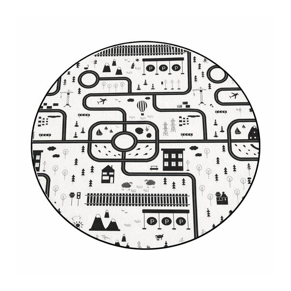 Fekete-fehér mosható gyerek játszószőnyeg ø150 cm In My Town – Mila Home