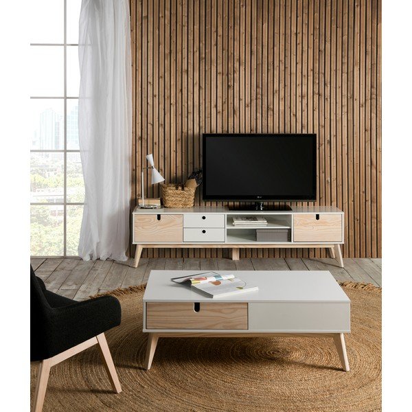 Kiara fehér TV-állvány borovi fenyő lábakkal - Marckeric-image-1