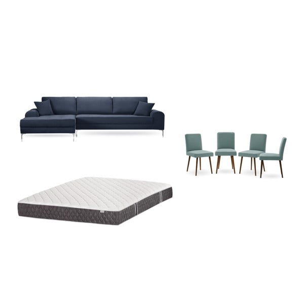 Sötétkék baloldali sarokkanapé, 4 db szürkészöld szék, matrac (160 x 200 cm) szett - Home Essentials
