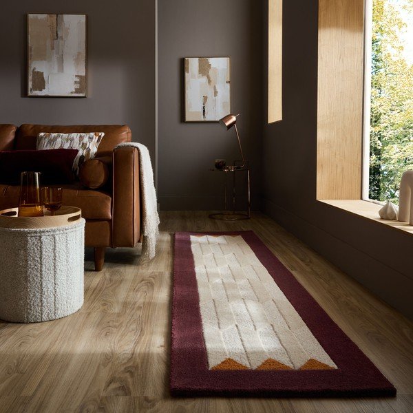 Borvörös-natúr színű kézi szövésű gyapjú futószőnyeg 60x230 cm Apex Border Wool – Flair Rugs-image-1