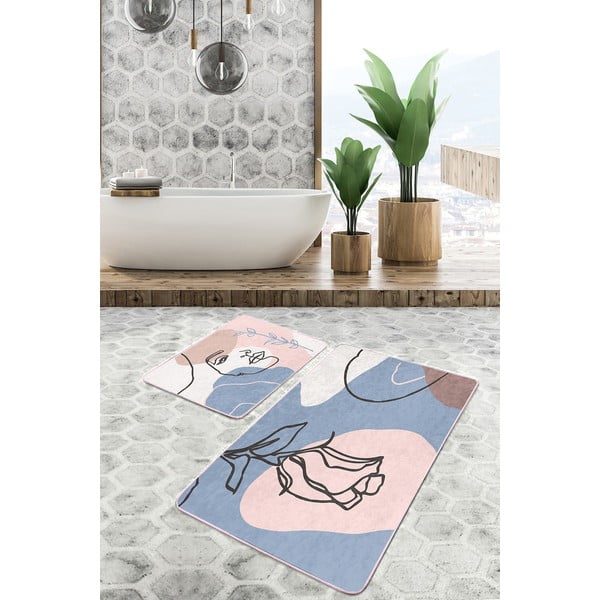 Kék-rózsaszín bársony fürdőszobai kilépő szett 2 db-os 60x100 cm Abstract Faces – Mila Home-image-1