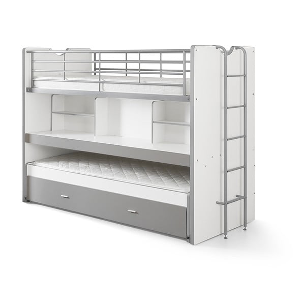 Fehér-szürke emeletes ágyneműtartós gyerekágy kihúzható pótággyal, íróasztallal, ágyráccsal 90x200 cm Bonny – Vipack