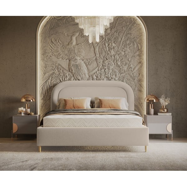 Bézs kárpitozott ágyneműtartós franciaágy ágyráccsal 140x200 cm Mija – Maison de Rêve-image-4