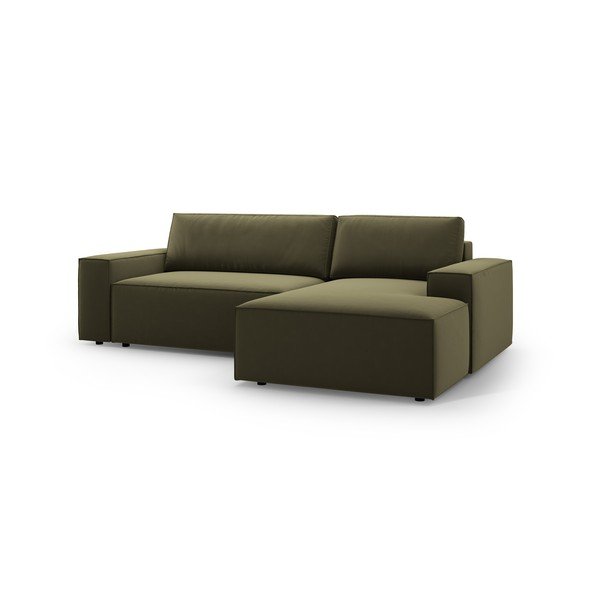 Zöld bársony kinyitható-tárolóhelyes sarokkanapé (jobb oldali-heverő résszel) Jodie – Micadoni -image-3