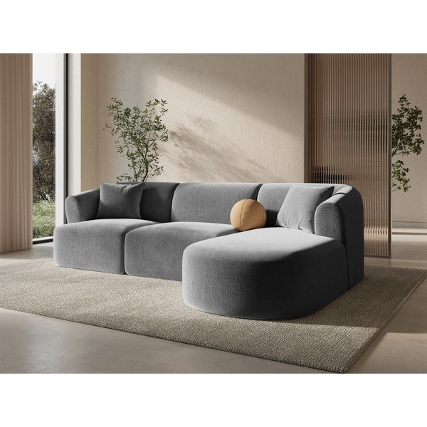 Világosszürke bársony sarokkanapé (jobb oldali-heverő résszel) Campi – Cosmopolitan Design-image-1