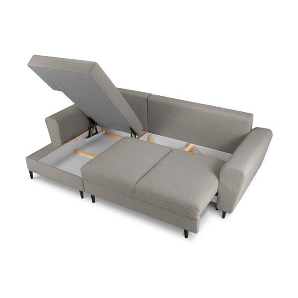 Világosszürke buklé kinyitható tárolóhelyes sarokkanapé (bal oldali-heverő résszel) Kyoto – Cosmopolitan Design-image-3