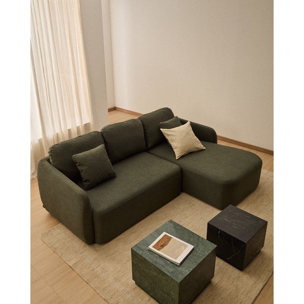 Sötétzöld zsenília kinyitható sarokkanapé (jobb oldali-heverő résszel) Laira – Kave Home-image-1
