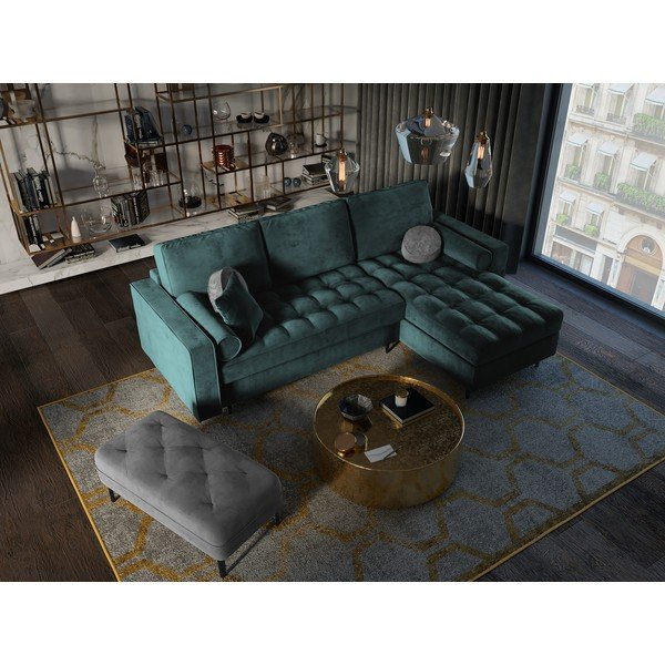 Santo olajzöld kinyitható bársony sarokkanapé, jobb oldali - Milo Casa-image-1