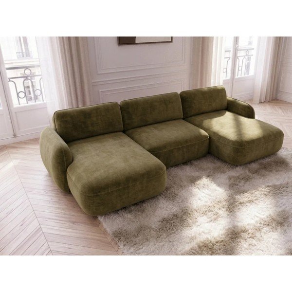 Zöld bársony kinyitható-tárolóhelyes (U alakú) sarokkanapé Celeste – Bobochic Paris-image-1
