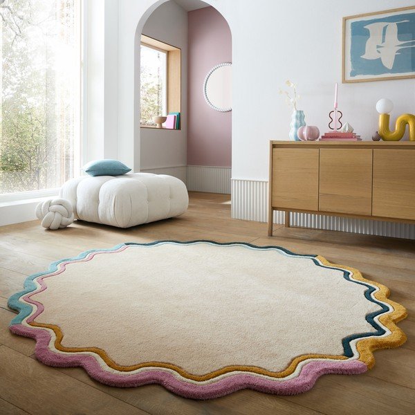 Natúr színű kézi szövésű gyapjú kerek szőnyeg ø 180 cm Leo Scallop – Flair Rugs-image-1