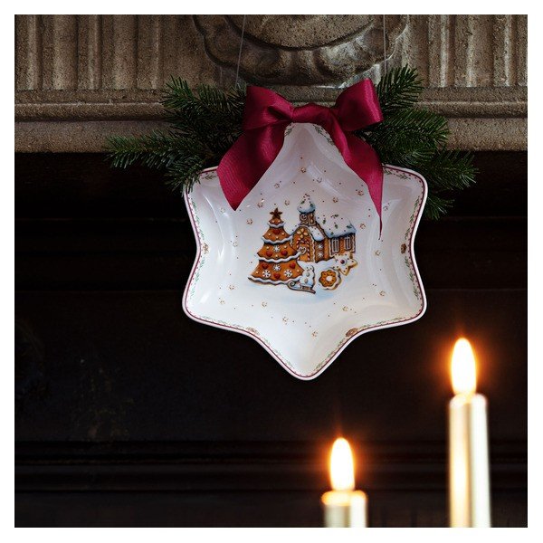 Gingerbread Village piros-fehér karácsonyi csillag alakú porcelán tál, 24,5 x 24,5 cm - Villeroy & Boch-image-1