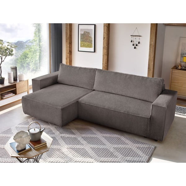 Szürkésbarna kordbársony kinyitható-tárolóhelyes sarokkanapé Nihad – Bobochic Paris-image-1