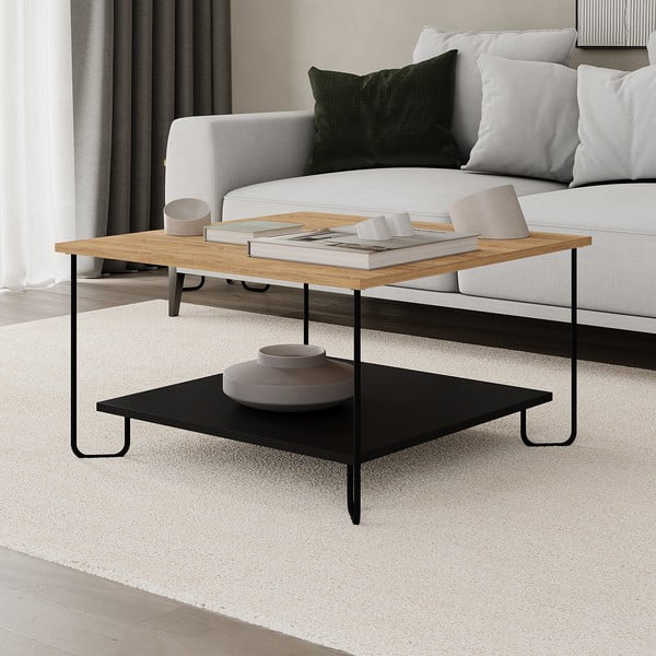 Fekete-natúr színű dohányzóasztal tölgyfa dekoros asztallappal 80x80 cm Tonka – Marckeric-image-3