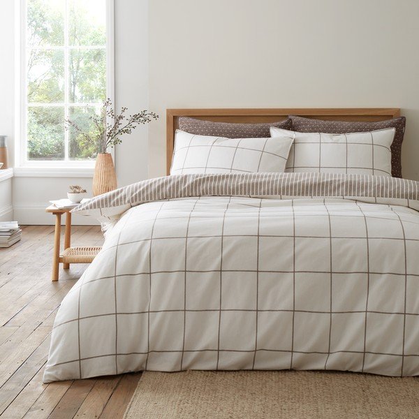 Krémszínű-szürkésbarna kétszemélyes flanel ágyneműhuzat 200x200 cm Brushed Regal Check – Bianca-image-1