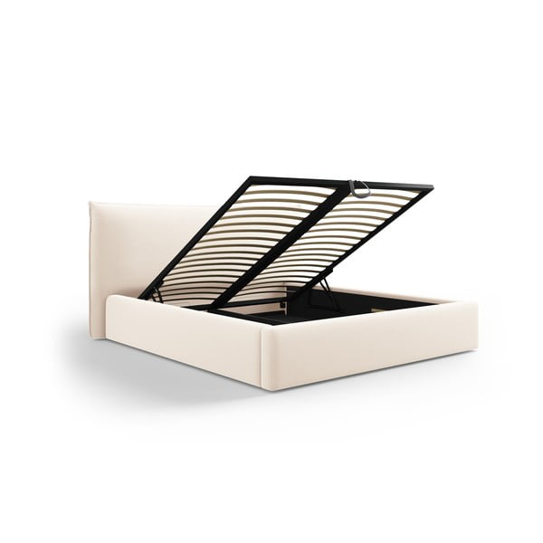 Krémszínű kárpitozott ágyneműtartós franciaágy ágyráccsal 180x200 cm Elio – Milo Casa-image-1