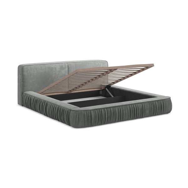 Szürke kárpitozott ágyneműtartós franciaágy ágyráccsal 160x200 cm Keoni – Makamii-image-4