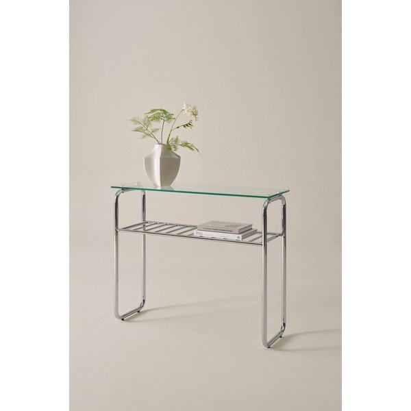 Fényes ezüstszínű konzolasztal üveg asztallappal 32x100 cm Walle – Jotex-image-1