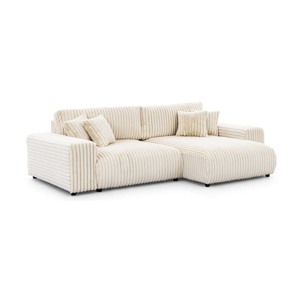 Krémszínű kordbársony kinyitható-tárolóhelyes sarokkanapé (jobb oldali) Sarina – Ropez