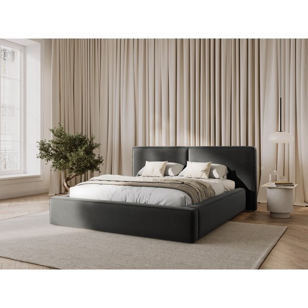 Szürke bársony kárpitozott ágyneműtartós franciaágy ágyráccsal 200x200 cm Arendal – Cosmopolitan Design-image-1