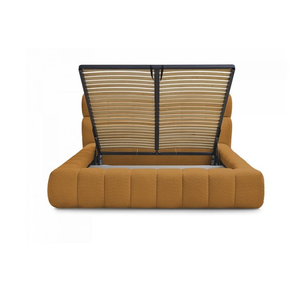 Mustársárga kárpitozott ágyneműtartós franciaágy ágyráccsal 160x200 cm Mont Blanc – Bobochic Paris-image-3