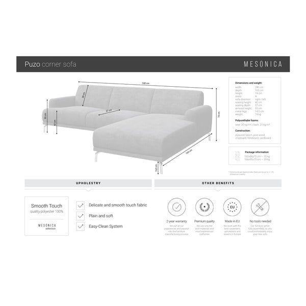 Puzo világosszürke sarokkanapé jobb oldali fekvőfotellel - MESONICA-image-4