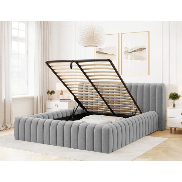 Világosszürke kárpitozott ágyneműtartós franciaágy ágyráccsal 160x200 cm Carilla – ELTAP-image-2