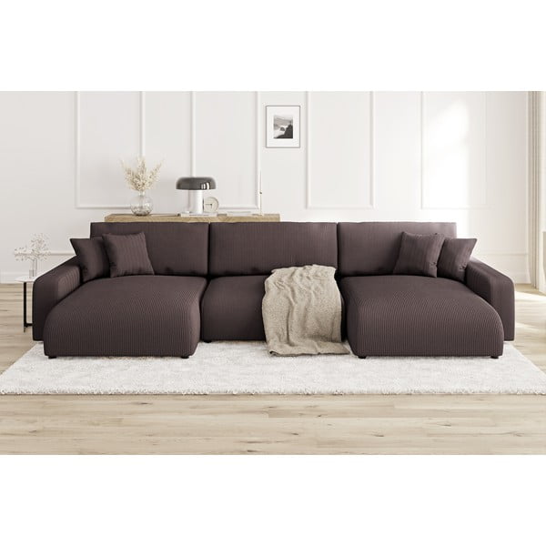 Barna kordbársony kinyitható tárolóhelyes sarokkanapé Sara – Ropez-image-1