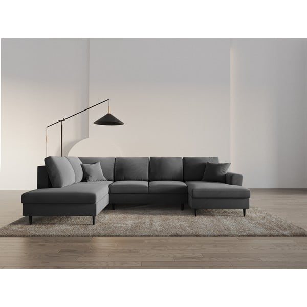 Világosszürke bársony kinyitható tárolóhelyes sarokkanapé (bal oldali-U alakú) Kyoto – Cosmopolitan Design-image-2