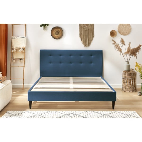 Kék kárpitozott franciaágy ágyráccsal 160x200 cm Rory – Bobochic Paris-image-1