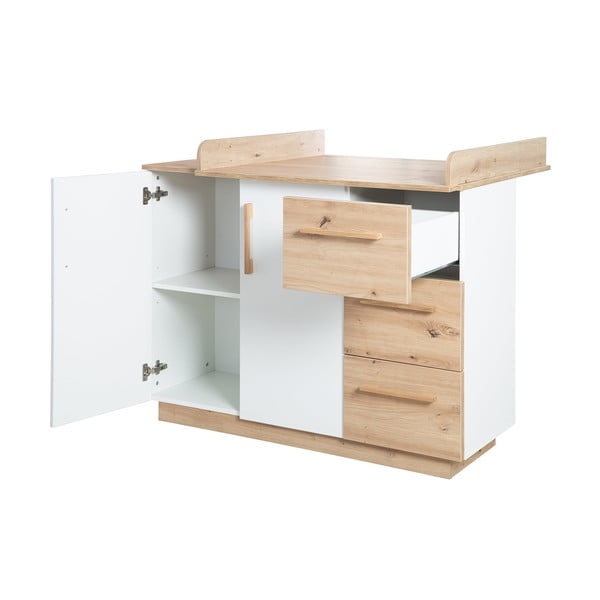 Fehér-natúr színű gyerek komód pelenkázó feltéttel, tölgyfa dekorral 118x103x79 cm Lion – Roba-image-4