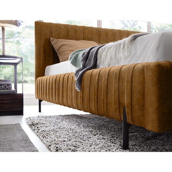 Okkersárga kárpitozott ágyneműtartós franciaágy ágyráccsal 180x200 cm Plissa – ELTAP-image-4