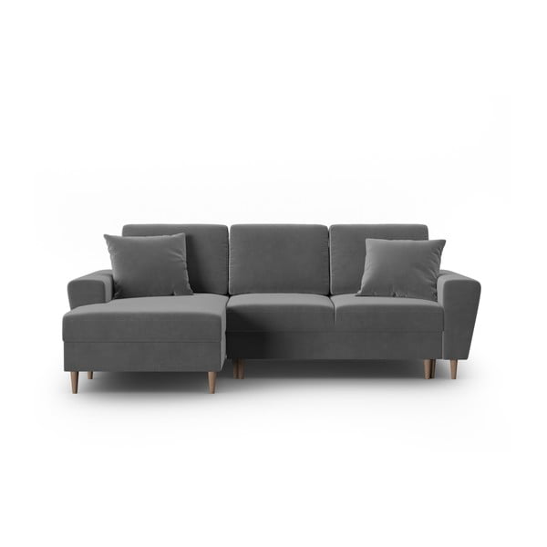 Világosszürke bársony kinyitható tárolóhelyes sarokkanapé (bal oldali-heverő résszel) Kyoto – Cosmopolitan Design