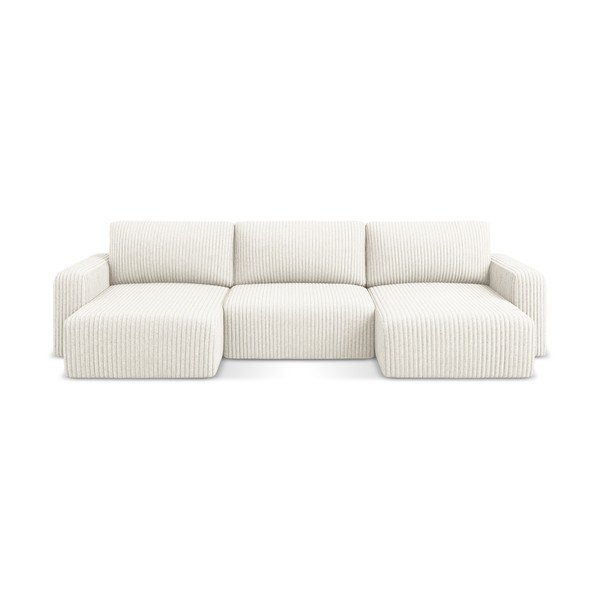 Krémszínű kordbársony kinyitható-tárolóhelyes (U alakú) sarokkanapé Kona – Makamii