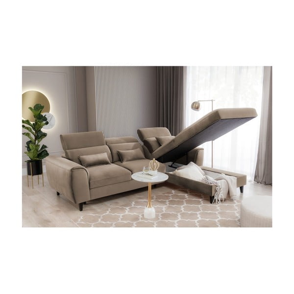Világosbarna bársony kinyitható-tárolóhelyes sarokkanapé (jobb oldali-heverő résszel) Foble – ELTAP-image-4