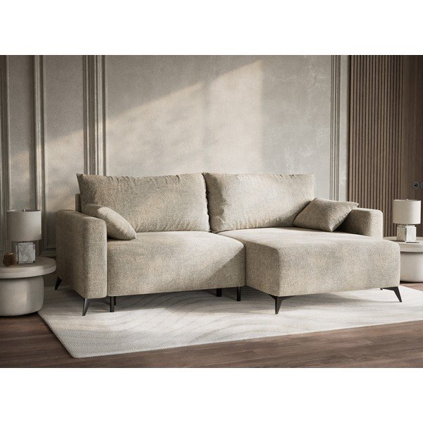 Bézs zsenília kinyitható-tárolóhelyes sarokkanapé (jobb oldali-heverő résszel) Leon – Maison de Rêve-image-4