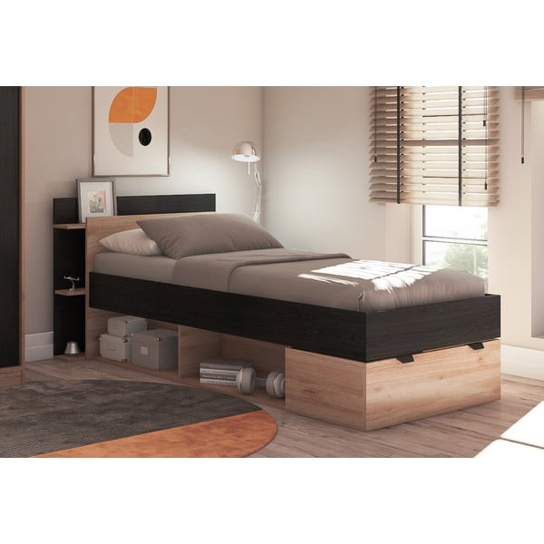 Fekete-natúr színű ágyneműtartós egyszemélyes ágy ágyrács nélkül, tölgyfa dekorral 90x200 cm Albo – Marckeric-image-3