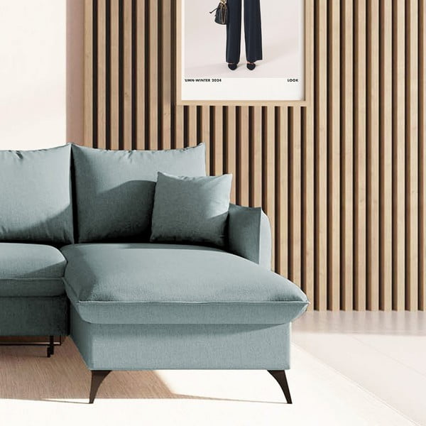 Világoskék kinyitható tárolóhelyes sarokkanapé (jobb oldali-heverő résszel) Brim – Rodier-image-4