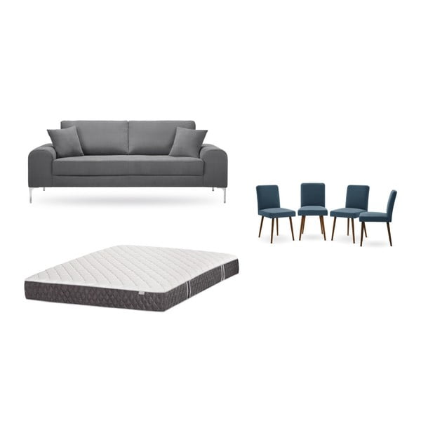 Szürke, háromszemélyes kanapé, 4 db kék szék, matrac (160 x 200 cm) szett - Home Essentials
