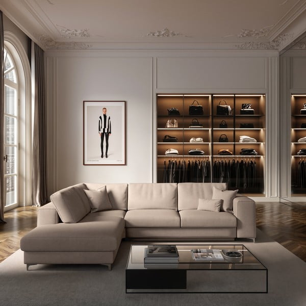 Bézs bársony kinyitható tárolóhelyes sarokkanapé (bal oldali-L alakú) Rene – Rodier-image-1