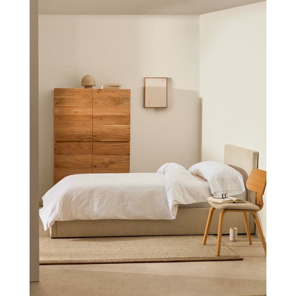 Bézs kárpitozott ágyneműtartós egyszemélyes ágy ágyráccsal 90x200 cm Nahiri – Kave Home-image-1
