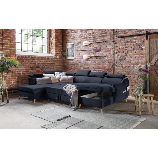 Sötétkék bársony kinyitható sarokkanapé (bal oldali-"U" alakú) Sweet Harmony – Miuform-image-3