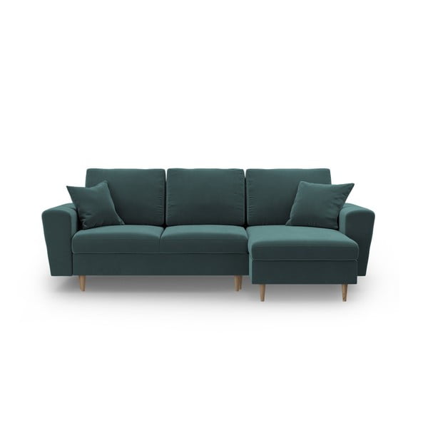 Petróleum színű bársony kinyitható tárolóhelyes sarokkanapé Kyoto – Cosmopolitan Design