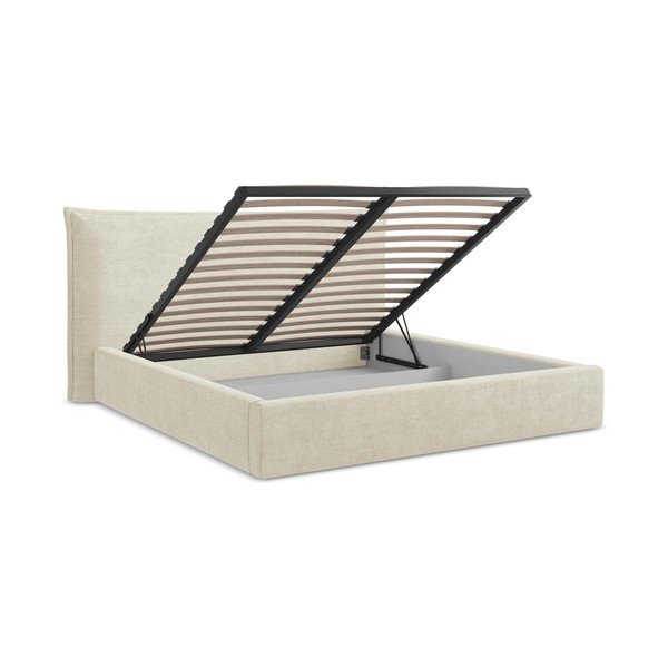 Bézs kárpitozott ágyneműtartós franciaágy ágyráccsal 160x200 cm Esala – Makamii-image-3