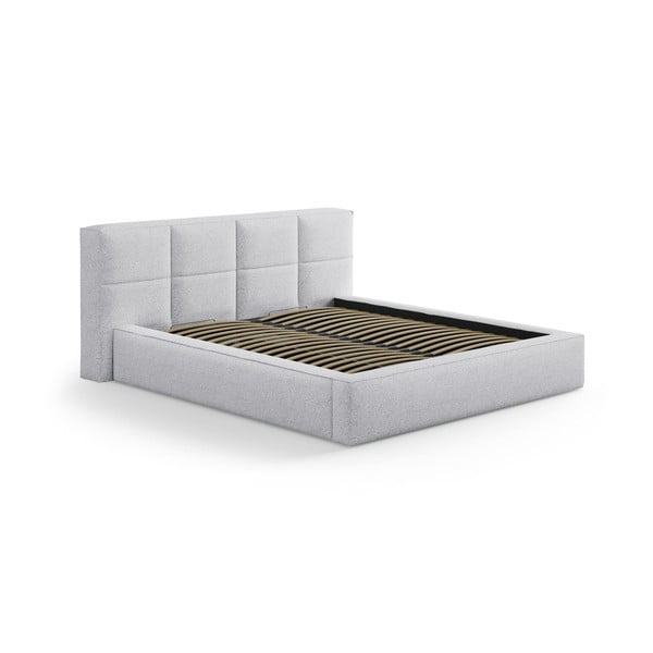 Világosszürke kárpitozott ágyneműtartós franciaágy ágyráccsal 160x200 cm Simon Darren – Micadoni 