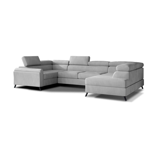 Világosszürke bársony kinyitható-tárolóhelyes sarokkanapé (jobb oldali-U alakú) Escada – ELTAP