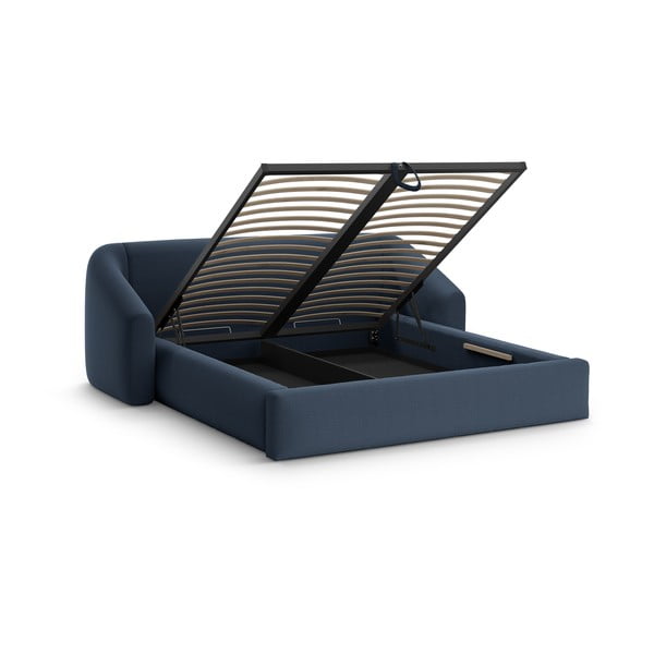 Sötétkék kárpitozott ágyneműtartós franciaágy ágyráccsal 200x200 cm Campi – Cosmopolitan Design-image-2