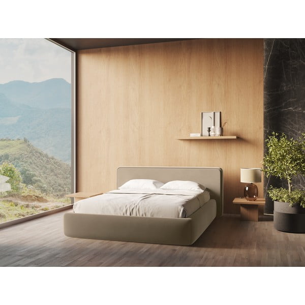 Világosbarna kárpitozott ágyneműtartós franciaágy ágyráccsal 180x200 cm Kiana – Makamii-image-1