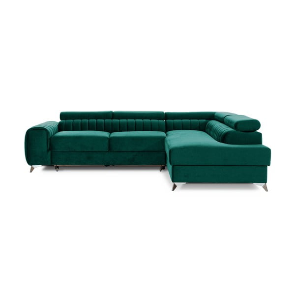 Zöld bársony kinyitható-tárolóhelyes sarokkanapé (jobb oldali-L alakú) Laurence – ELTAP