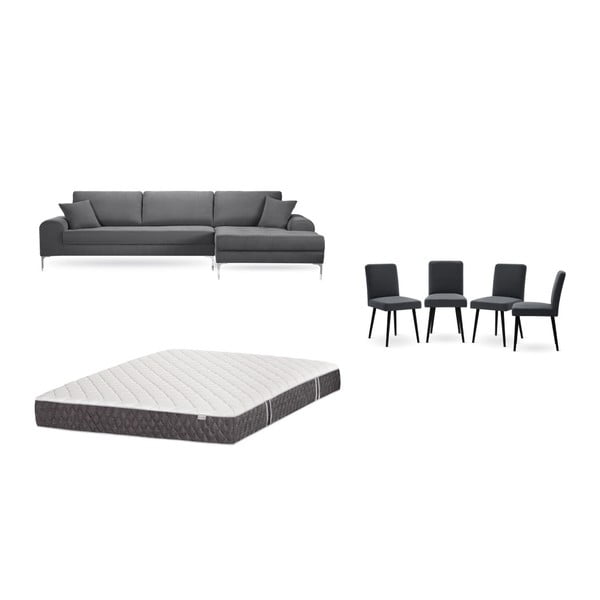 Szürke jobboldali sarokkanapé, 4 db antracit szürke szék, matrac (160 x 200 cm) szett - Home Essentials