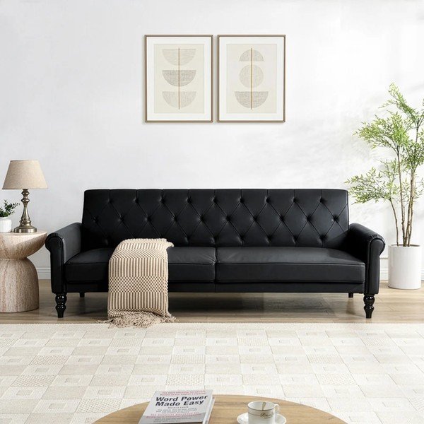 Fekete bőrutánzat állítható-kinyitható kanapé 222 cm Tyne – Støraa-image-1